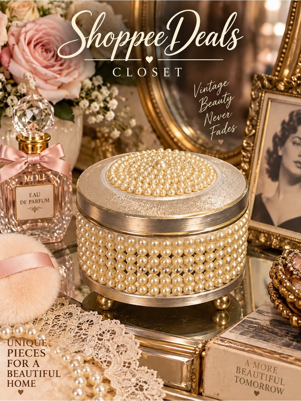 Vintage Lador Switzerland Faux Pearl Vanity Powder Puff Music Box #1166